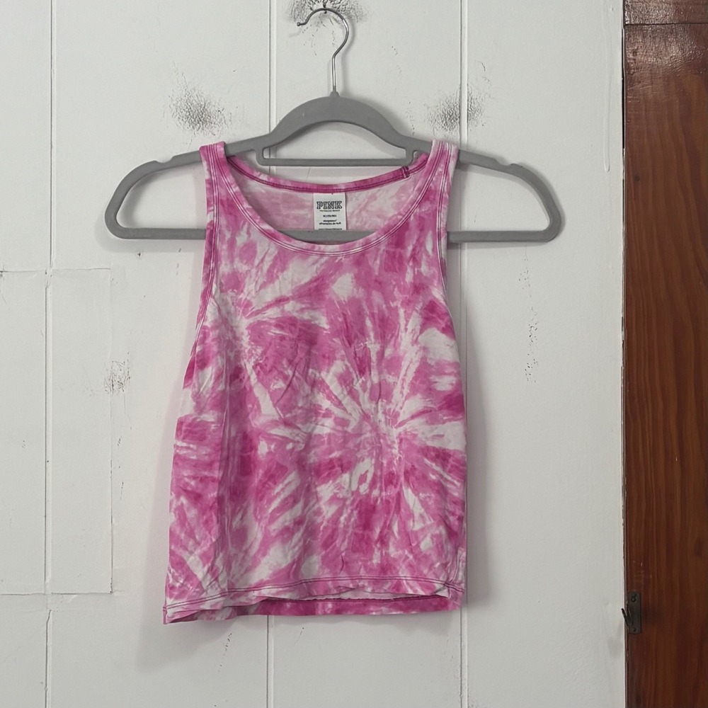 PINK Victoria's Secret Pink White Tie Dye Sleep Tank Top Medium Logo Back